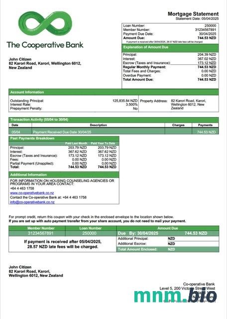 Nowa Zelandia Co-operative Bank wyciąg z kredytu hipotecznego szablon Word i PDF